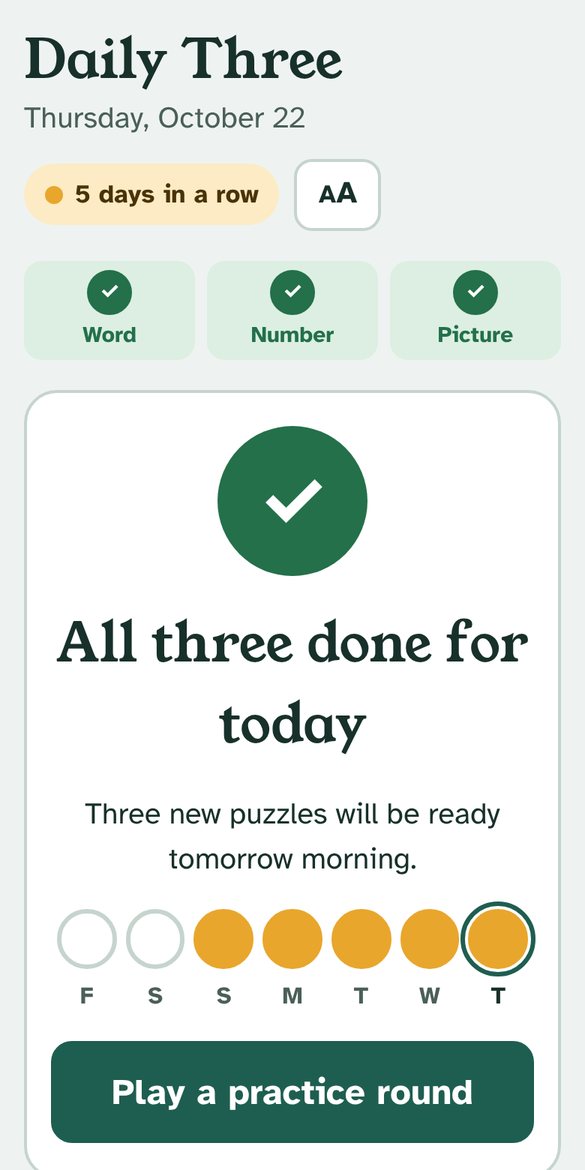 All three done for today, with a five-day streak shown as filled circles