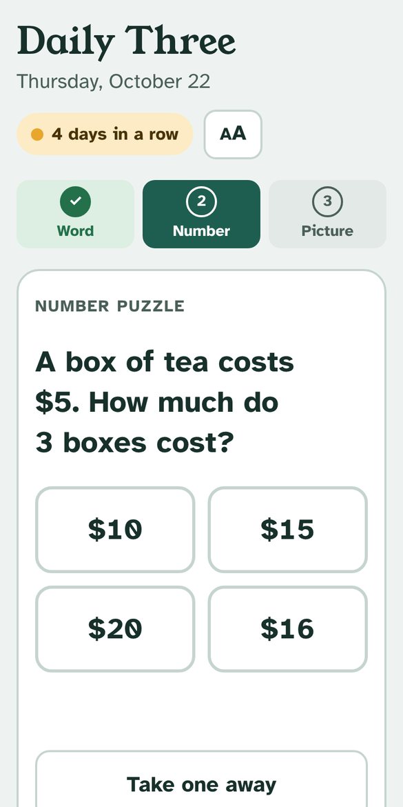 Number puzzle with four large answer buttons