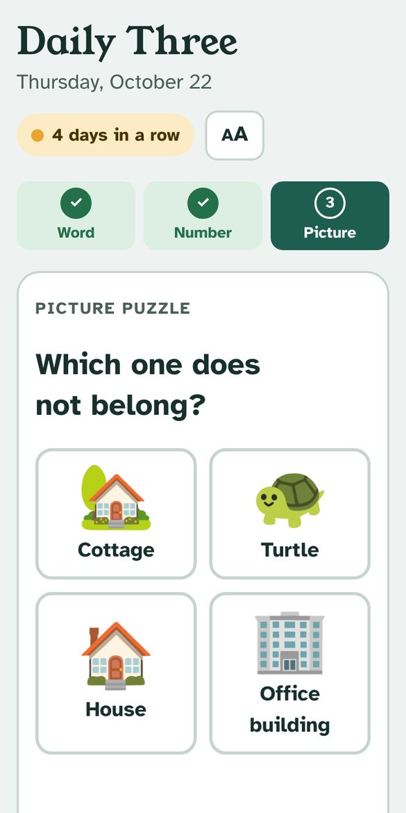 Picture puzzle: which one does not belong, Cottage, Turtle, House or Office building